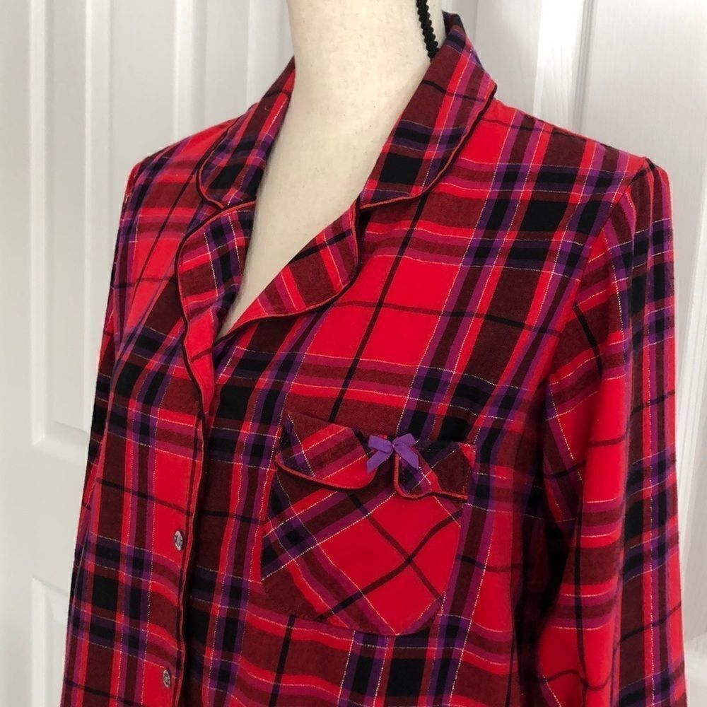 Victoria's Secret Plaid Flannel Pajama Top Metallic Lurex Red Purple Size M - Picture 4 of 15